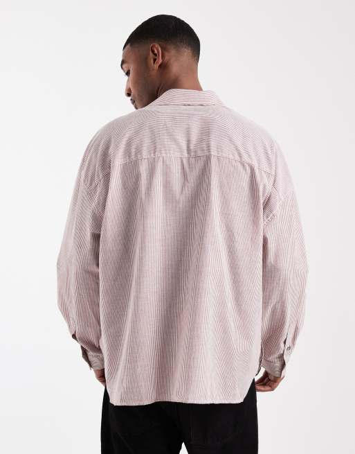 ASOS DESIGN volume oversized stripe shirt in burgundy, 3 of 5