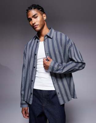 ASOS DESIGN volume oversized stripe shirt in charcoal | ASOS