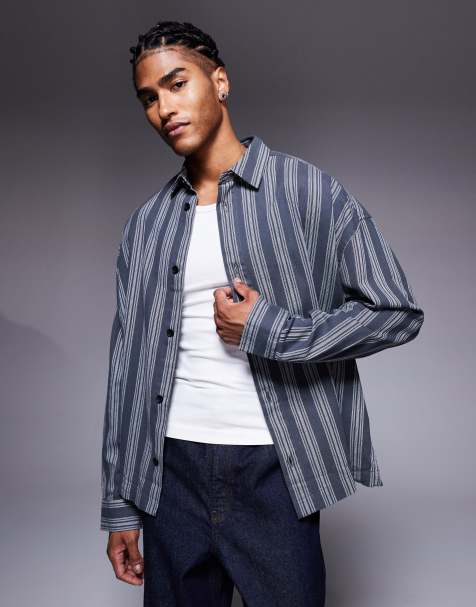 ASOS DESIGN volume oversized stripe shirt in charcoal - view 1