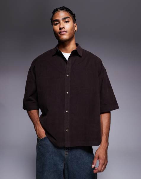 ASOS DESIGN volume oversized washed baby cord shirt in brown - view 1