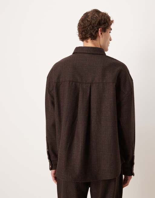 ASOS DESIGN volume oversized wool look shirt in brown check, 3 of 5