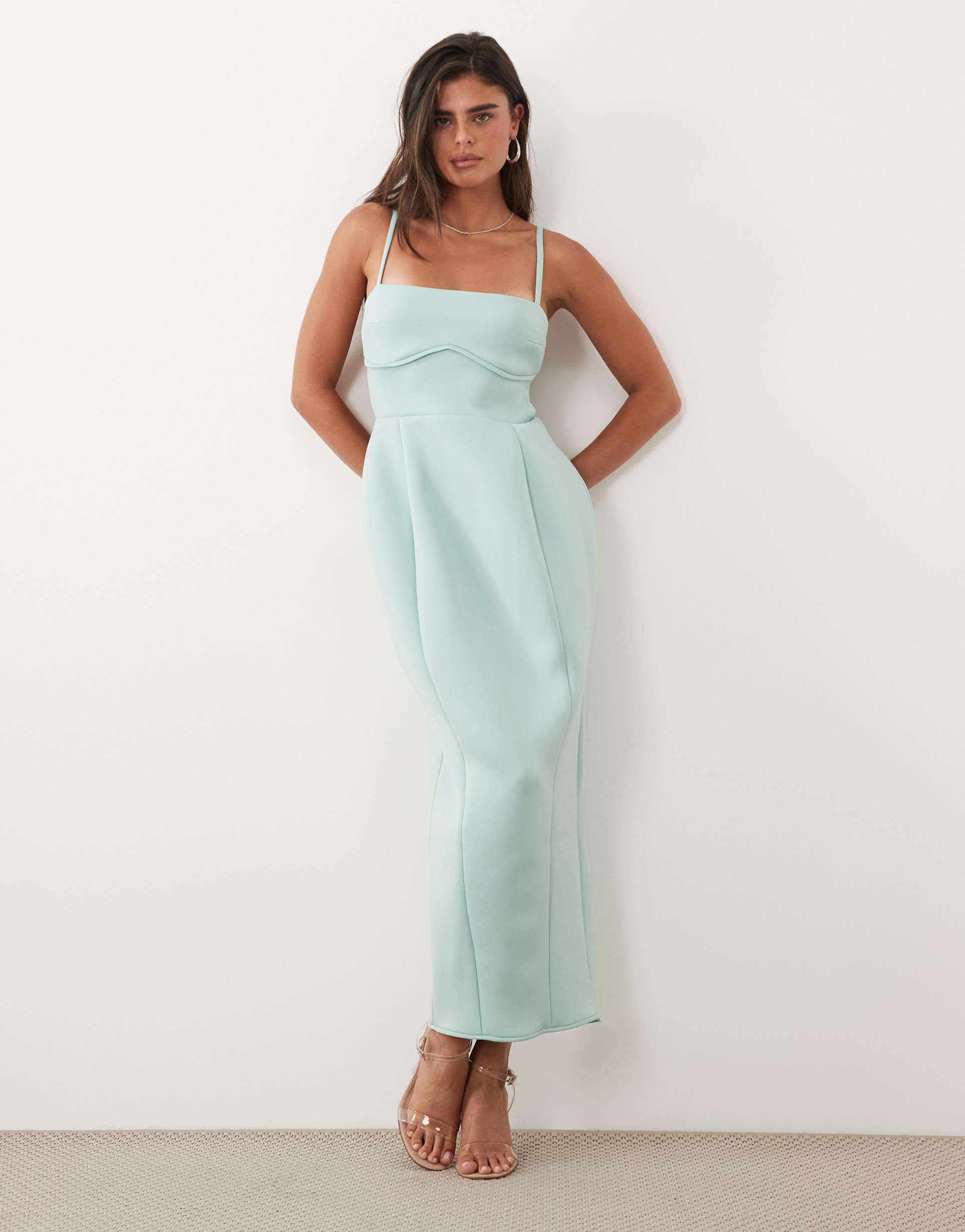 asos design volume pencil maxi dress with strappy back in mint scuba-style fabric