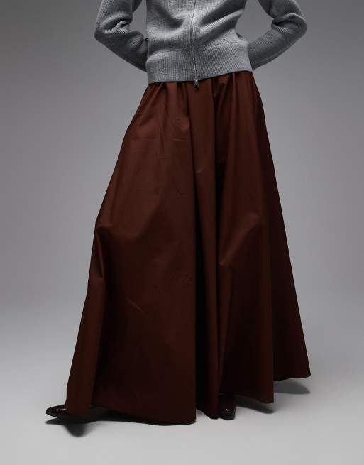 ASOS DESIGN volume poplin skirt in chocolate