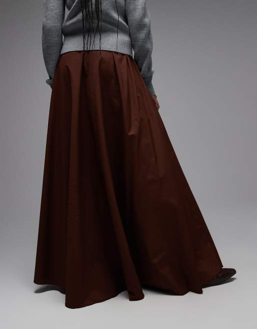 ASOS DESIGN volume poplin skirt in chocolate, 4 of 5
