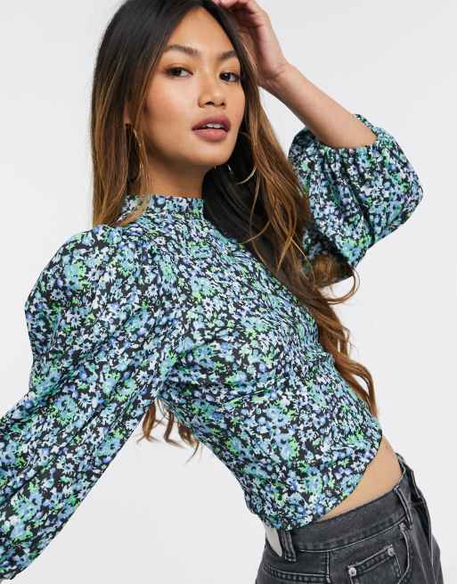 ASOS DESIGN volume puff sleeve blouse with high neck in floral