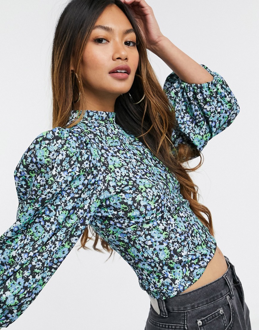 ASOS DESIGN volume puff sleeve with high neck in floral-Multikleur