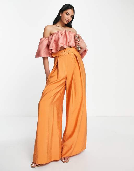 ASOS DESIGN volume ruffle off shoulder occasion top in pink