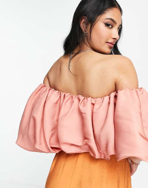ASOS DESIGN volume ruffle off shoulder occasion top in pink, 2 of 4