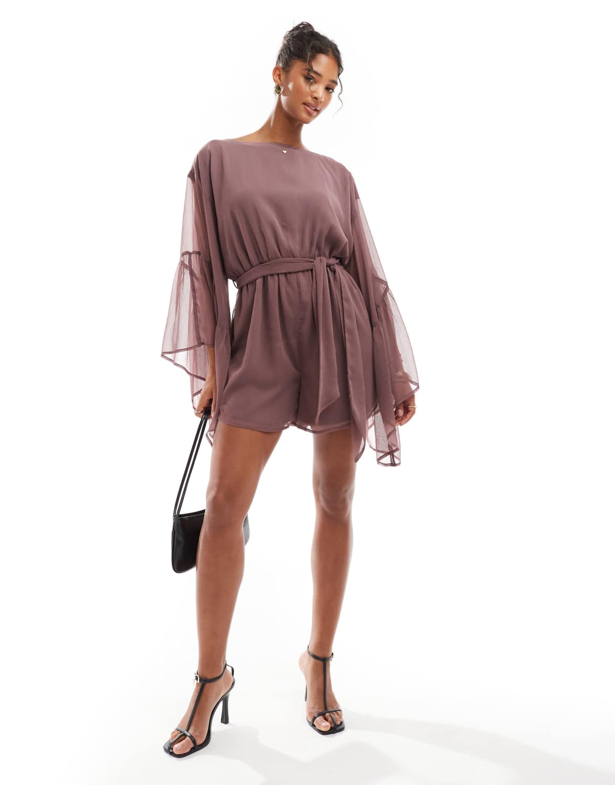 ASOS DESIGN volume ruffle sleeve playsuit with tie waist in mauve
