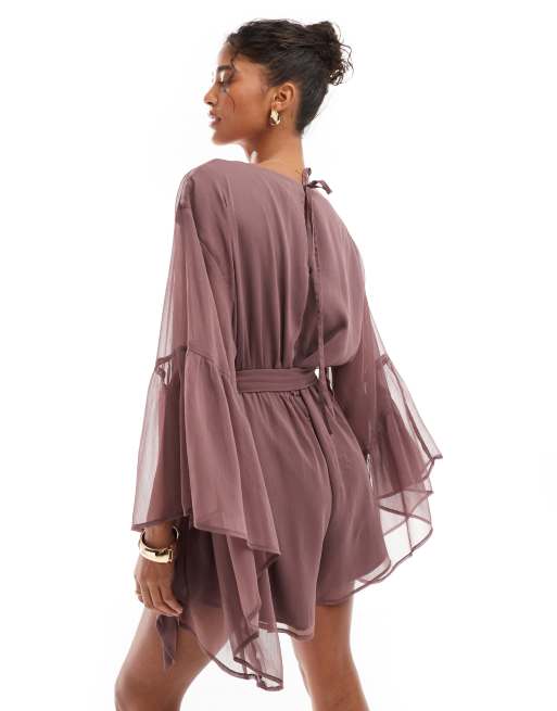 ASOS DESIGN volume ruffle sleeve playsuit with tie waist in mauve, 2 of 4