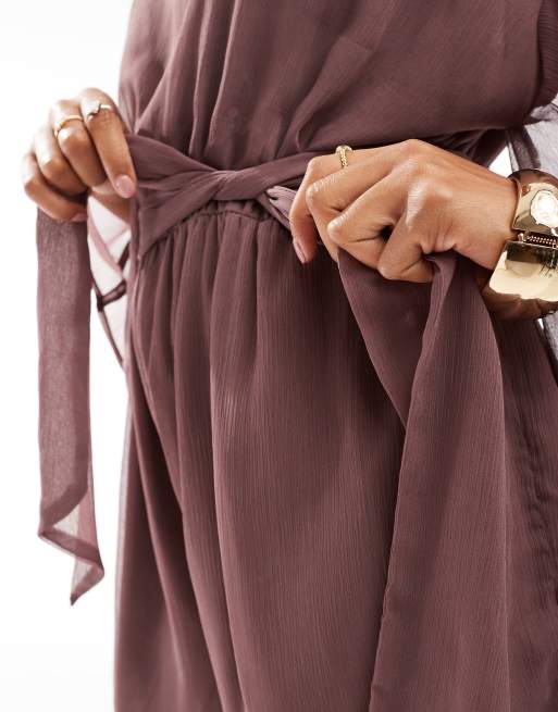 ASOS DESIGN volume ruffle sleeve playsuit with tie waist in mauve, 3 of 4