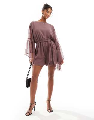 ASOS DESIGN volume ruffle sleeve romper with tie waist in mauve-Purple