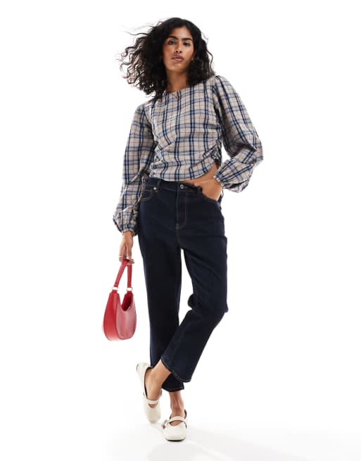 ASOS DESIGN volume sleeve check top with ruched side detail
