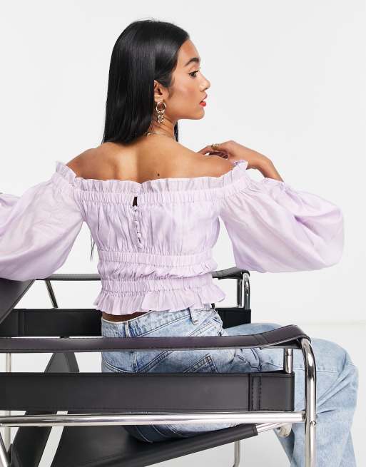 ASOS DESIGN shirred mesh long sleeve crop top in lilac