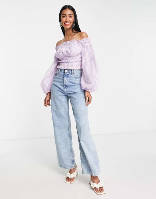 ASOS DESIGN volume sleeve crop top with elastic detail waist in lilac