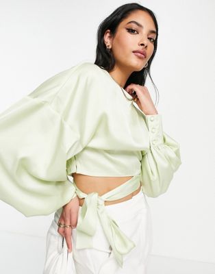 ASOS DESIGN volume sleeve cropped top with tie waist in washed apple