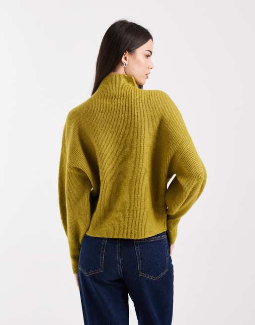 ASOS DESIGN volume sleeve funnel neck jumper in green, 4 of 4