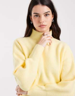 Asos Design Volume Sleeve Funnel Neck Sweater In Yellow