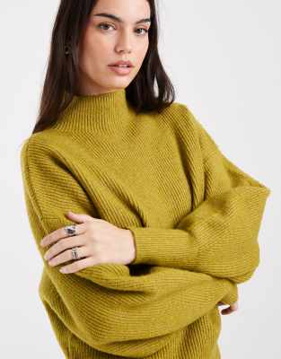 Asos Design Volume Sleeve Funnel Neck Sweater In Green