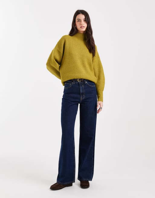 ASOS DESIGN volume sleeve funnel neck sweater in green, 3 of 4