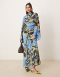 [ASOS DESIGN] ASOS DESIGN volume sleeve maxi dress with ruched skirt in blue floral print-Multi 16 Blue floral