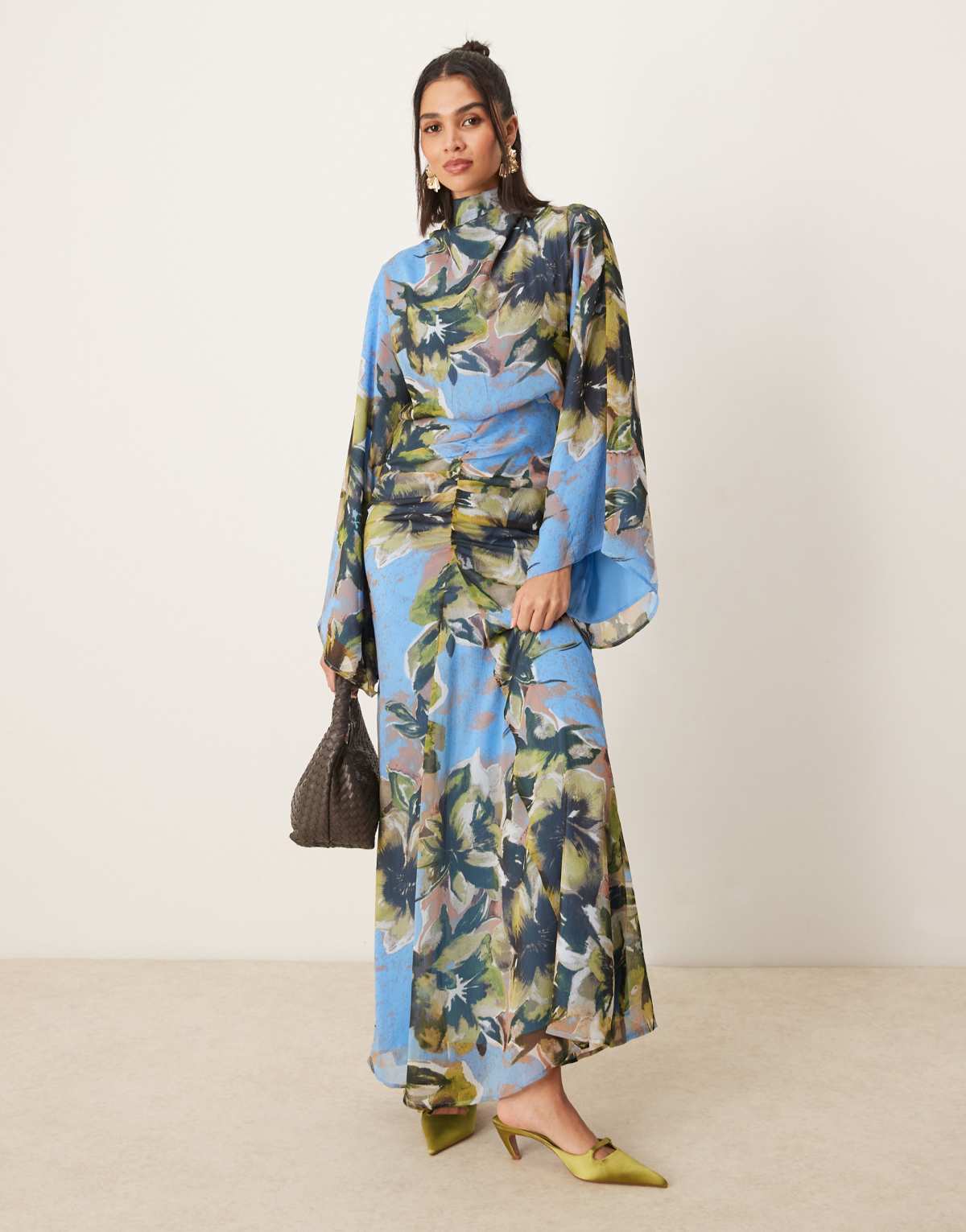 ASOS DESIGN volume sleeve maxi dress with ruched skirt in blue floral print