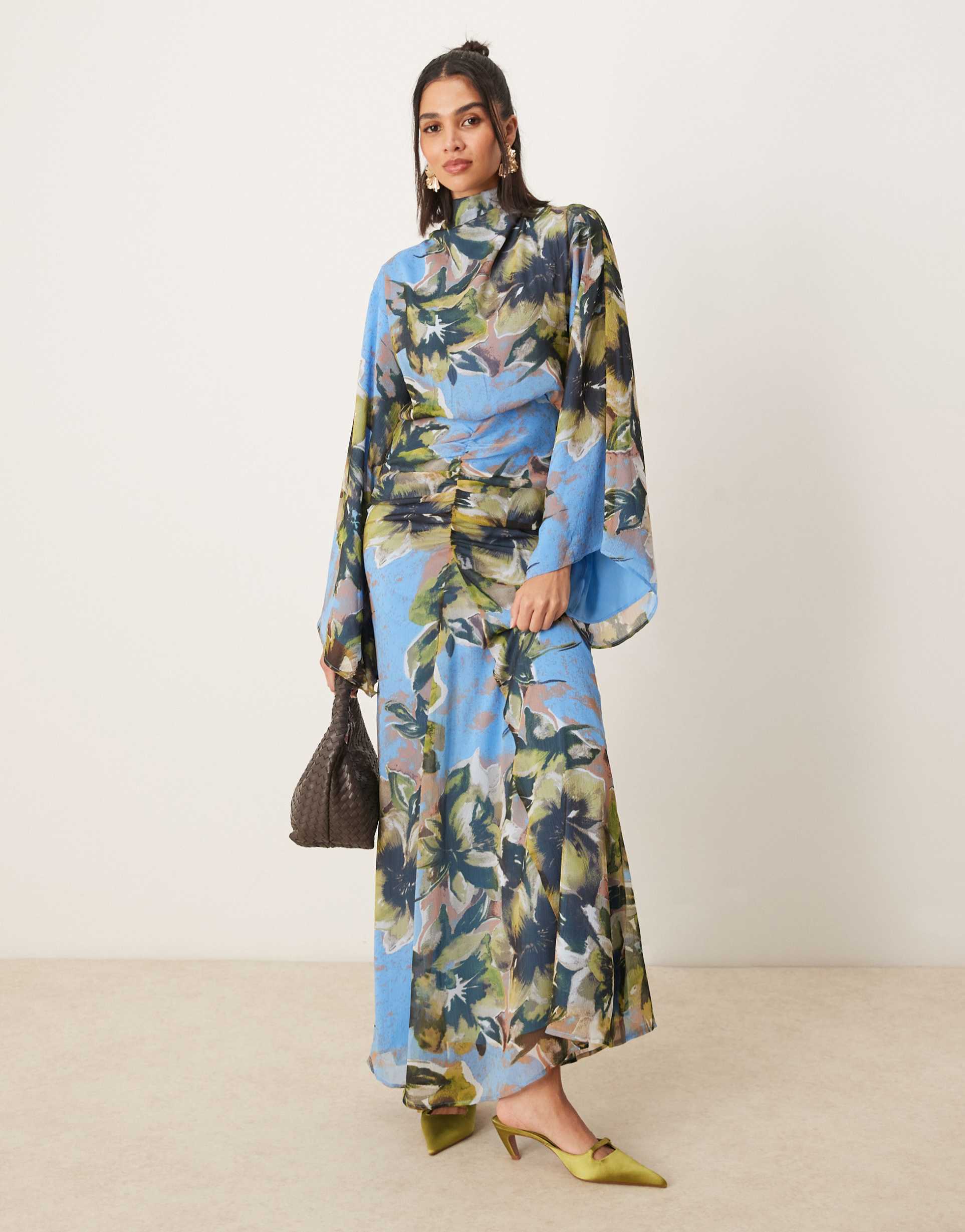 asos design volume sleeve maxi dress with ruched skirt in blue floral print