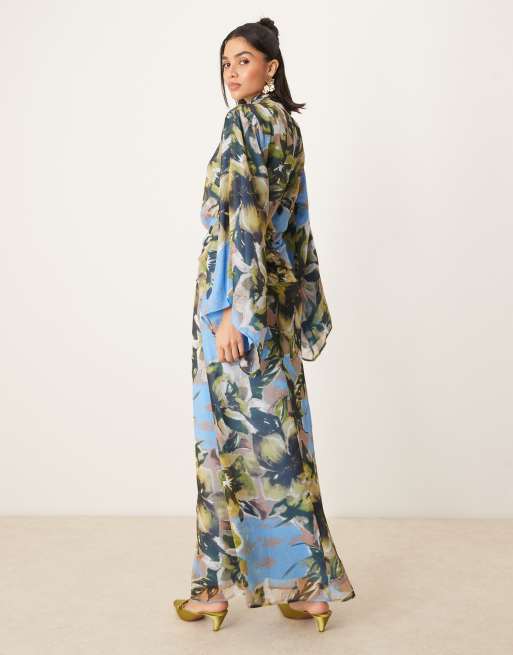 ASOS DESIGN volume sleeve maxi dress with ruched skirt in blue floral print