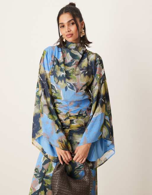 ASOS DESIGN volume sleeve maxi dress with ruched skirt in blue floral print