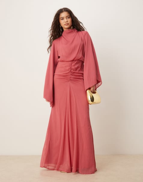 ASOS DESIGN volume sleeve maxi dress with ruched skirt in deep rose - view 1