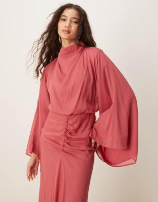 ASOS DESIGN volume sleeve maxi dress with ruched skirt in deep rose