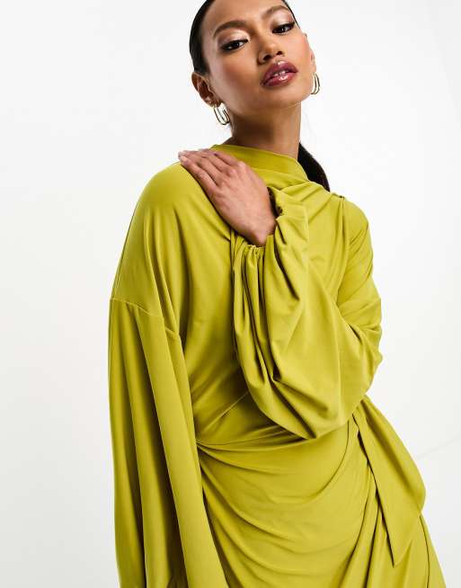ASOS DESIGN volume sleeve maxi dress with side wrap skirt in chartreuse |  ASOS