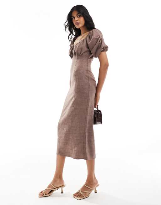 ASOS DESIGN volume sleeve midi dress with ruched bodice in chocolate, 2 of 4