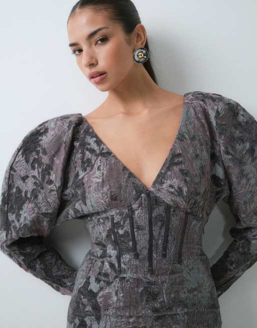 ASOS DESIGN volume sleeve mini dress in grey jacquard, 2 of 5
