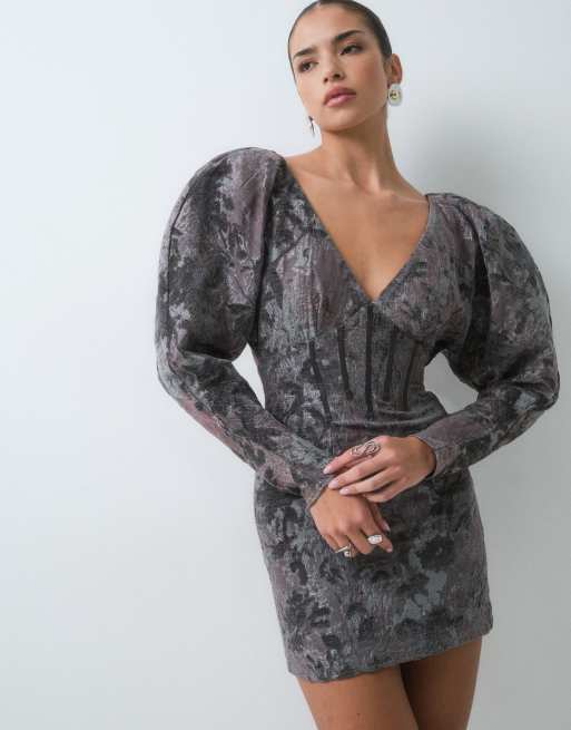 ASOS DESIGN volume sleeve mini dress in grey jacquard, 5 of 5