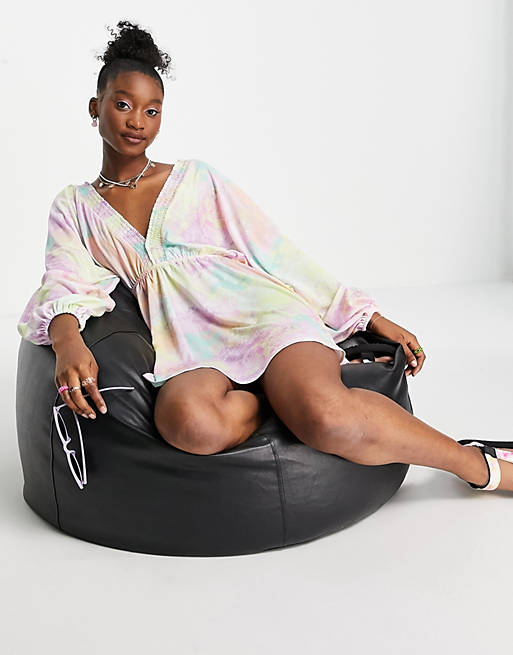 Asos Design Volume Sleeve Mini Dress, Pastel Tie Dye Bean Bag Chair