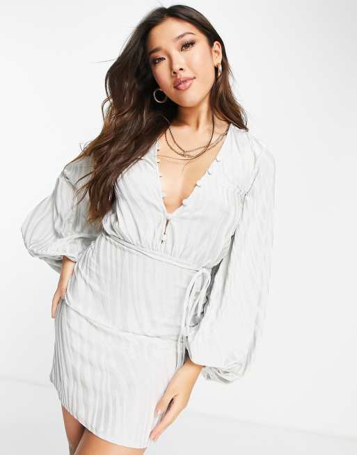 ASOS DESIGN volume sleeve mini dress with tie in grey animal jacquard