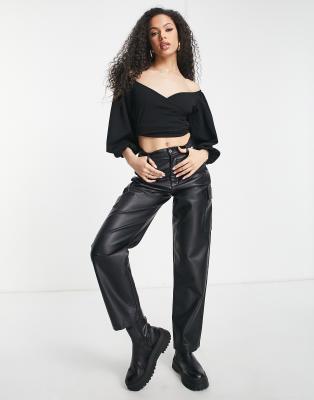 ASOS DESIGN volume sleeve off shoulder wrap tie blouse in
