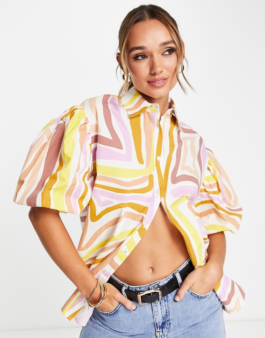 ASOS DESIGN volume sleeve oversized shirt in abstract squiggle print-Multi