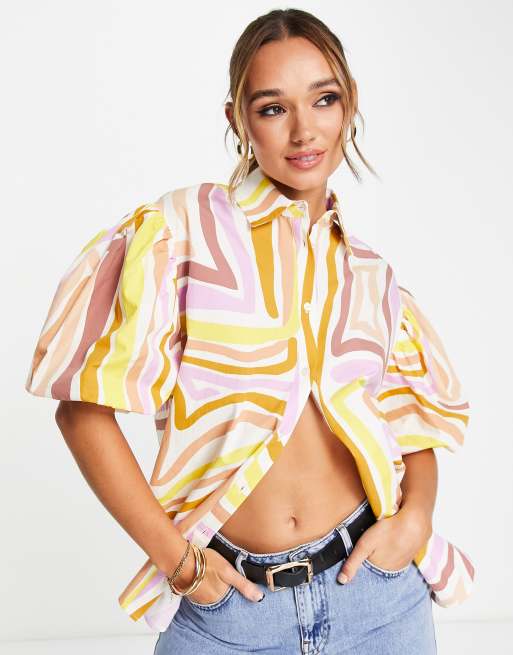 ASOS DESIGN volume sleeve oversized shirt in abstract squiggle print 