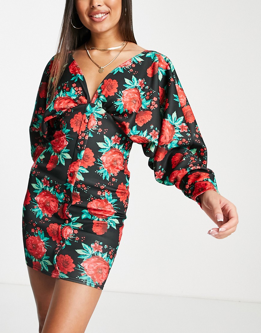 ASOS DESIGN volume sleeve rose floral button body-conscious mini dress-Multi