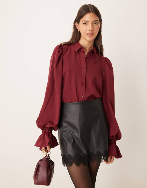 ASOS DESIGN volume sleeve ruffle soft cuff shirt in burgundy ASOS