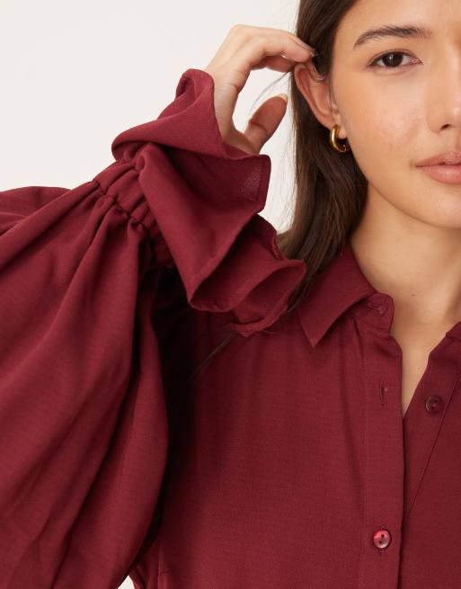 ASOS DESIGN volume sleeve ruffle soft cuff shirt in burgundy