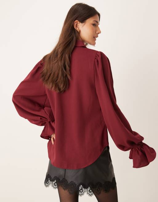 ASOS DESIGN volume sleeve ruffle soft cuff shirt in burgundy
