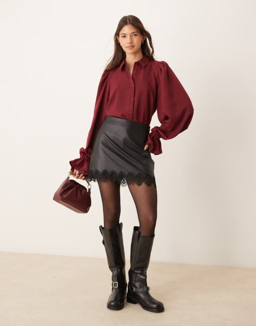 ASOS DESIGN volume sleeve ruffle soft cuff shirt in burgundy