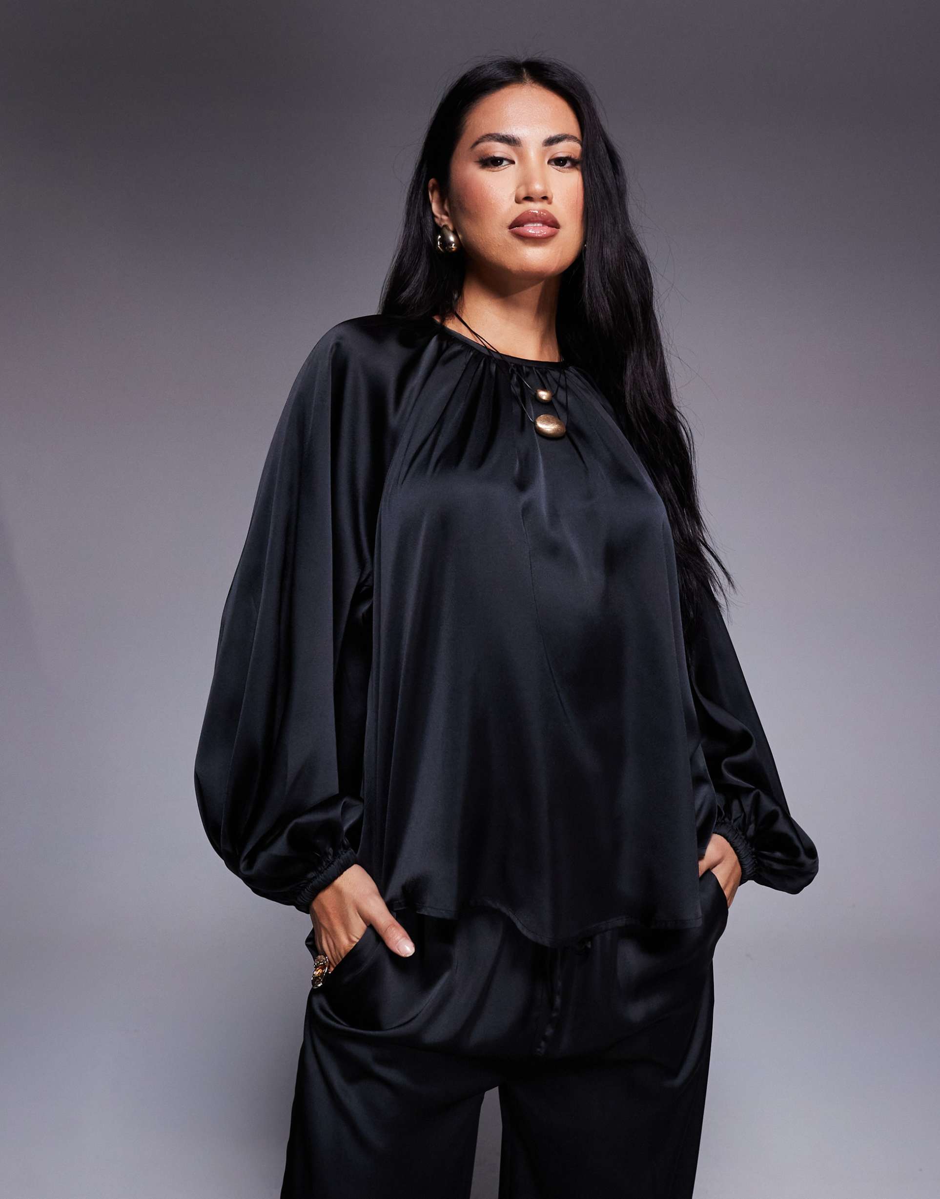 asos design volume sleeve satin blouse in black - part of a set