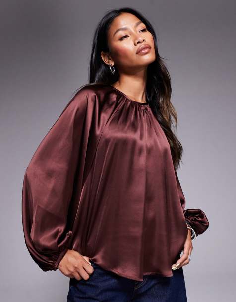 ASOS DESIGN volume sleeve satin blouse in chocolate - view 1