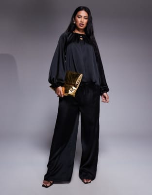 Asos Design Volume Sleeve Satin Co-ord Blouse In Black