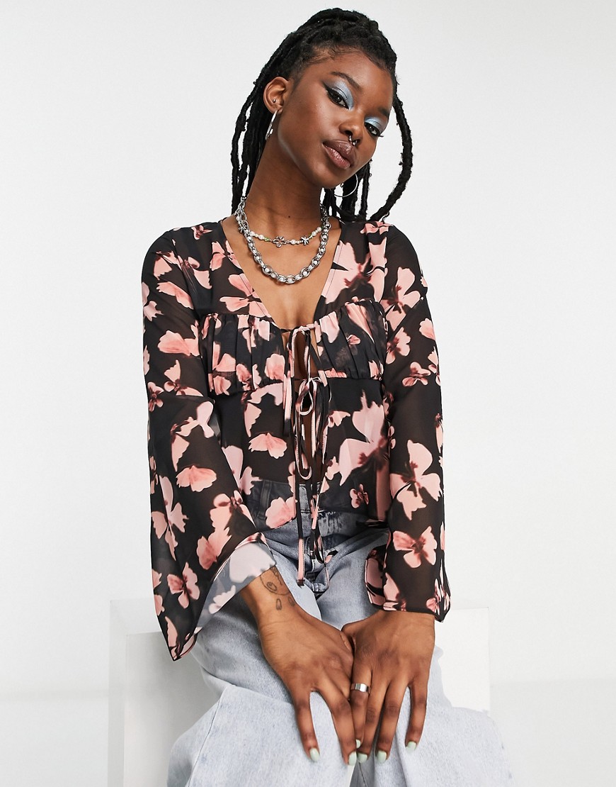 ASOS DESIGN volume sleeve sheer blouse with corset bust in butterfly print-Multi