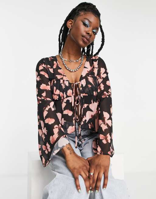 ASOS DESIGN volume sleeve sheer blouse with corset bust in butterfly print